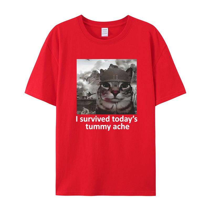 I Survived Today's Tummy Ache Short Sleeve T-shirt Men's and Women's Funny Cat Terriers Summer Trend High Quality Cotton Top