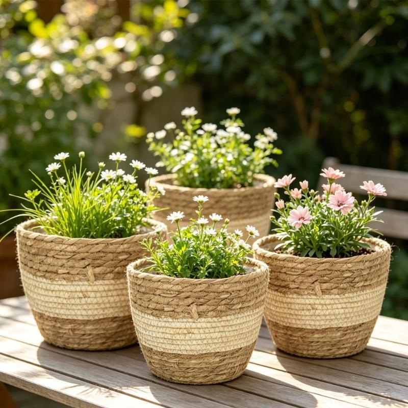Decorative Flower Pot Cover Set, Three Natural Fiber Baskets In Graduated Sizes with Neutral Color Blocking for Windowsills, Studies, and Entryways