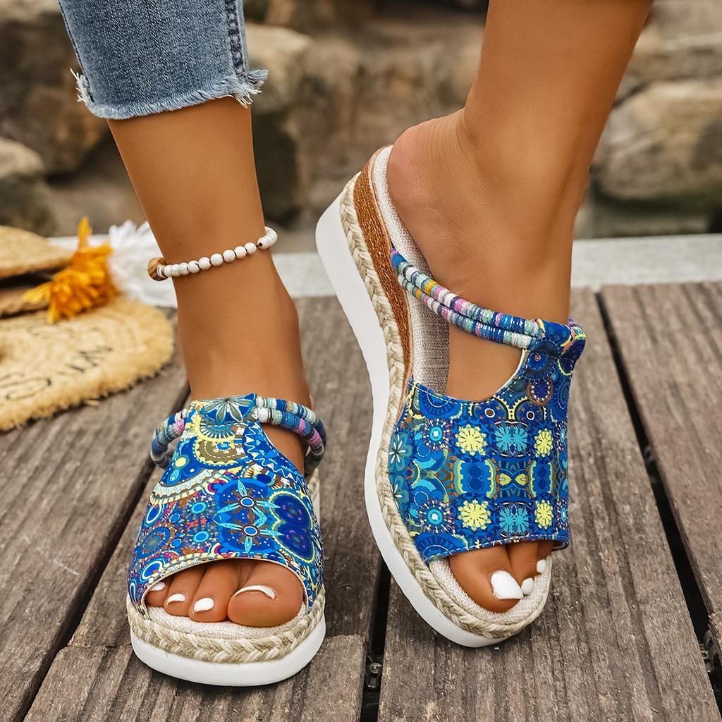 Fashion 2025 Summer Casual Color Blocking Sandals for Women Dressy Comfortable Soft Leather Thick Soled Slope Woven Straw Slippers