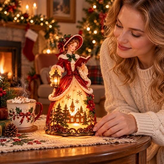 Birthday Present for Friends Christmas Carol Girl Desk Lamp, Resin Victorian Statue Night Light, European Style LED Hand Painted Figurine Gift