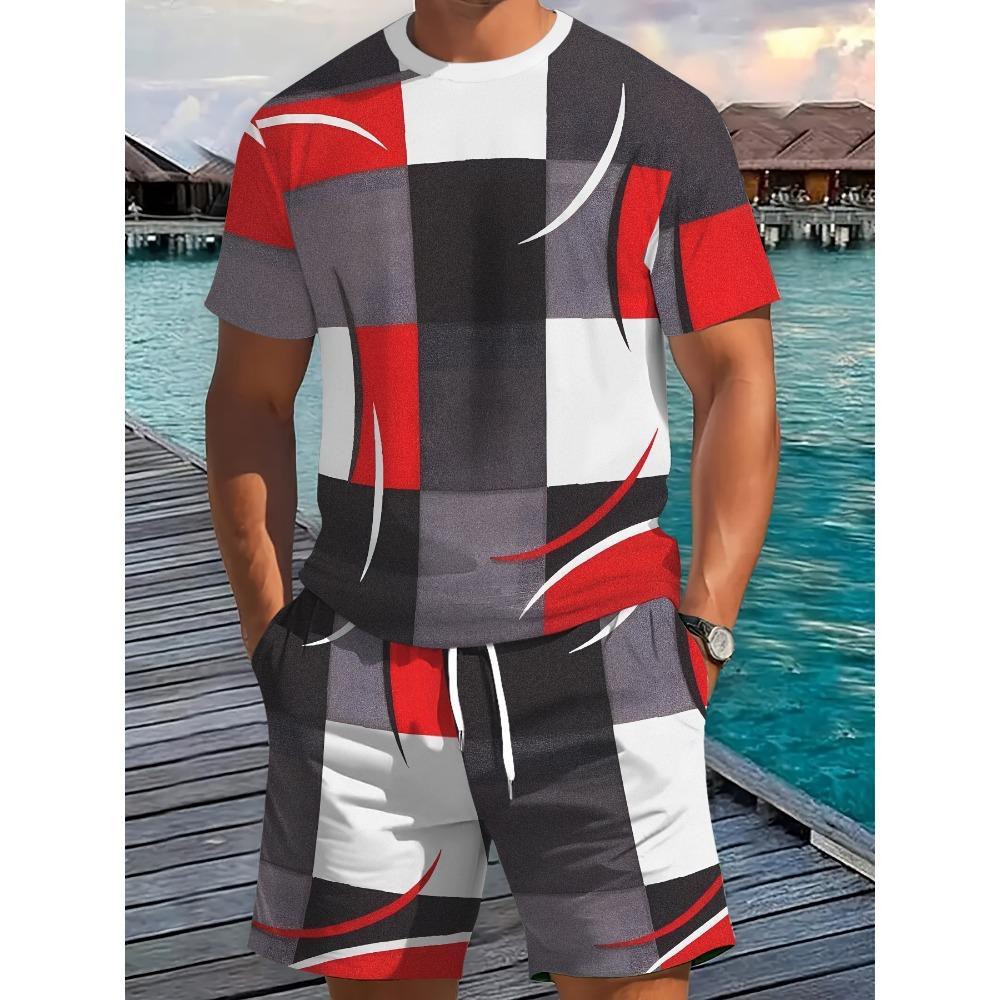 2026 Summer Arrival Men's Casual Two-Piece Set Striped Print Short-Sleeve Shirt and Athletic Shorts Set