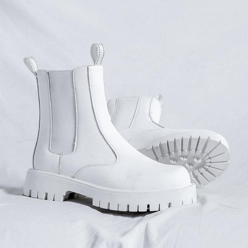 Men's Leisure High Top Chimney Boots Black White Shoes Cowboy Genuine Leather Boot Platform Long Chelsea Botas Hombre Zapatos