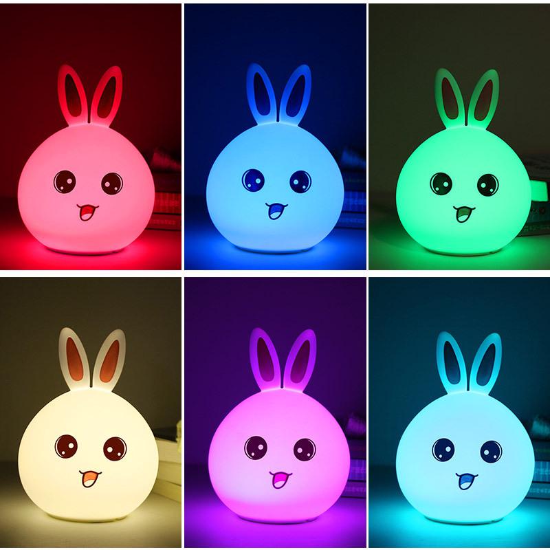 Silicone LED Night Light, Cute Rabbit Nursery Lamp, Tap Control 7-Color Breathing Light for Children, USB Rechargeable