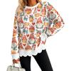 Women's Crewneck Sweatshirt with Scalloped Wavy Hem and Christmas Print for Holiday Casual Wear