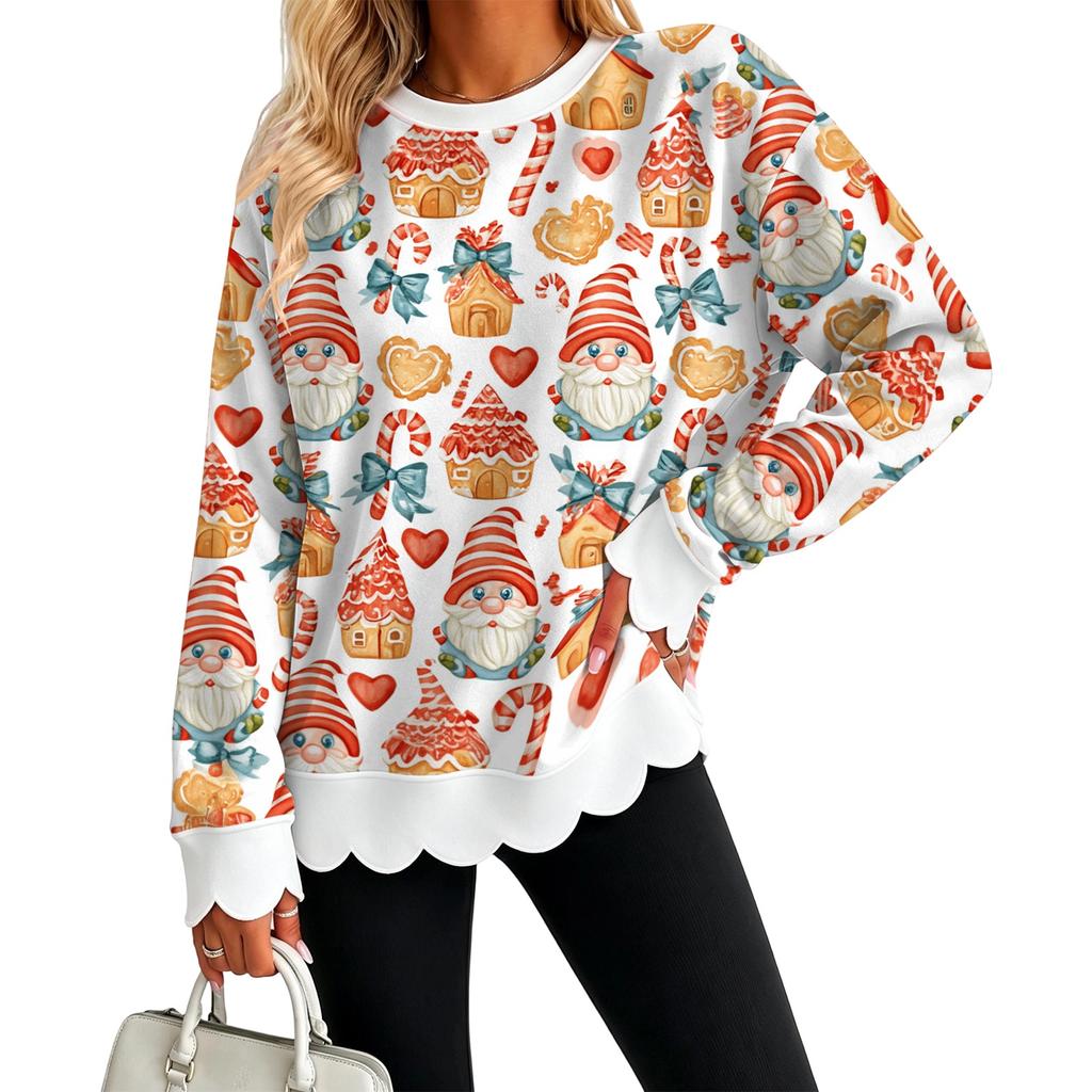 Women's Crewneck Sweatshirt with Scalloped Wavy Hem and Christmas Print for Holiday Casual Wear