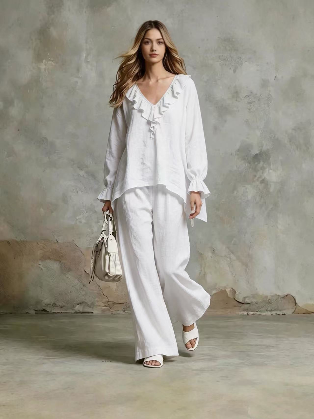 2026 autumn new two-piece set European and American trend versatile loose pullover lotus leaf collar casual, lotus leaf sleeve S белый