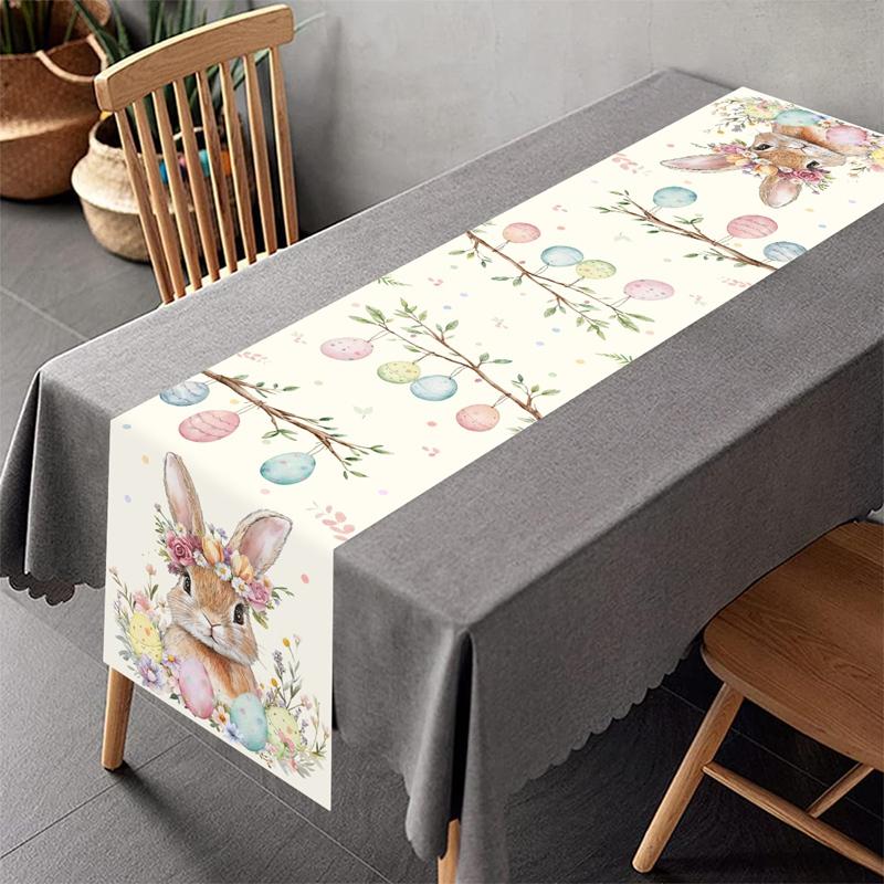 Easter Bunny Table Runner Rabbit Eggs Flower Table Cover Spring Holiday Easter Decorations For Home Kitchen Dining Table Decor
