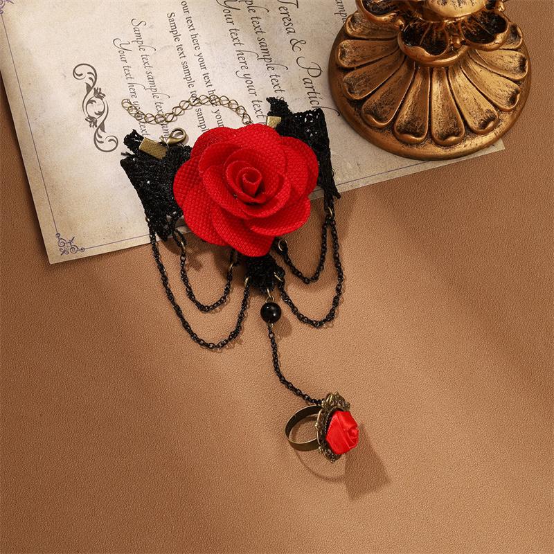 Black Lace Red Rose Finger Bracelet With Ring Harness Slave Link With Ring Bracelet Accessories Party For Women
