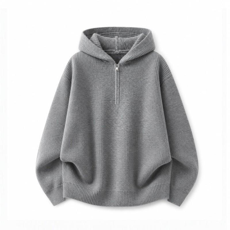 Unisex Übergroßer Kapuzenpullover 2025 Lässiger Strickpullover Mit Halbreißverschluss Grau Schwarz Locker Geschnitten Acrylmischung