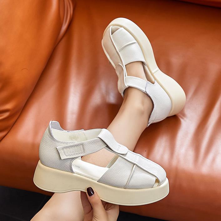 Mode 5CM Koe Echt Leer Flats Dames Chunky Sneakers Haak Pantoffels Zomer Platform Wedge Haak Microvezel Leer Sandalen Schoenen