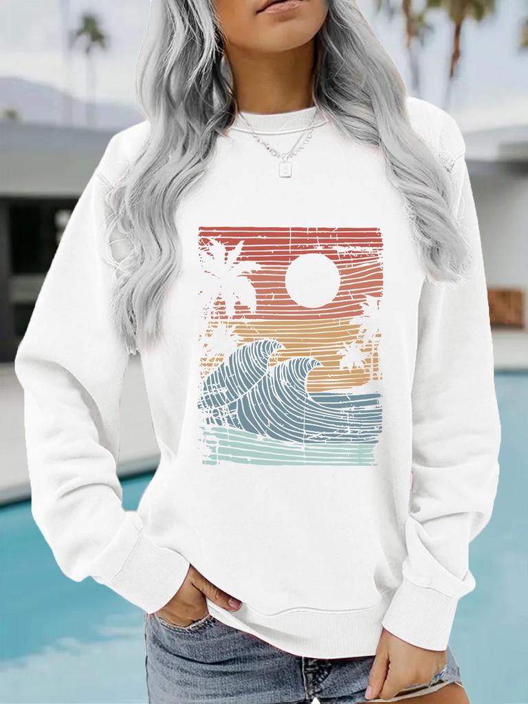 Sea View Print Women's Round Neck Long-Sleeve Hoodie