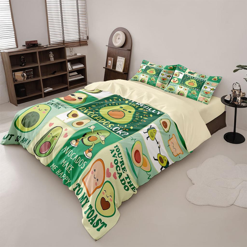 3PCS Cartoon Avocado Duvet Cover Set "LIKE AVOCADOS" Slogan Soft Bedding Decor Machine Washable No Insert