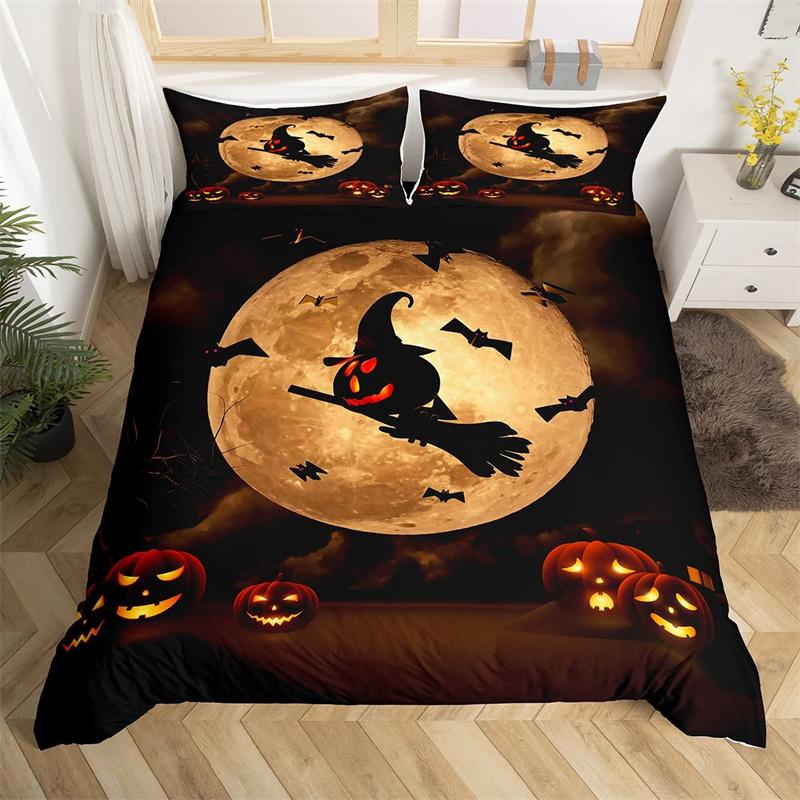 Halloween Duvet Cover Horror Pumpkin Lantern Bedding Set Polyester Crazy Scary Horseman Comforter Cover King For Kids Boys Girls
