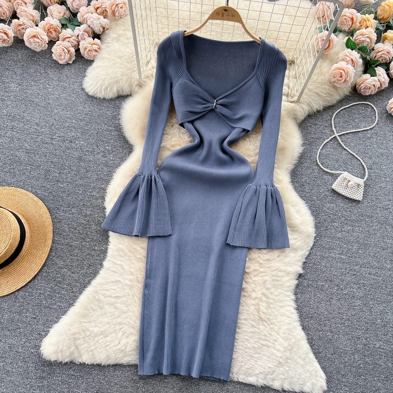 Сексуальное облегающее вязаное платье с v-образным вырезом и длинными рукавами — фото 7