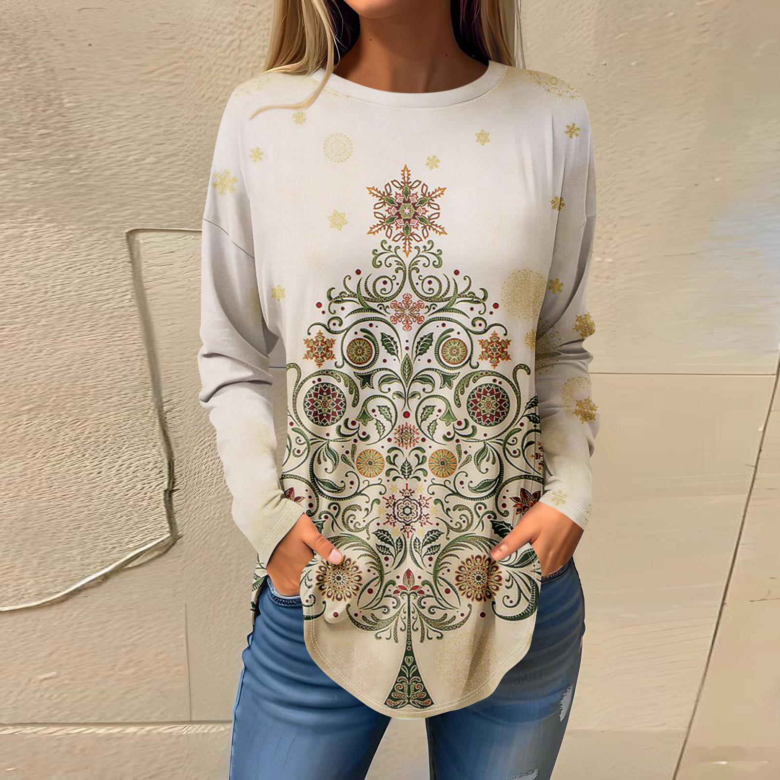 

Футболки для женщин, осенние повседневные рубашки с длинными рукавами, толстовка с ретро-принтом, топ для рождественской вечеринки, пуловер M хаки