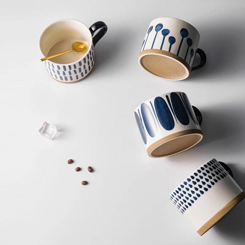 Japanese Ceramic Pattern Coffee Cup with Spoon 450ml Large Capacity Mug Simple Home Office Breakfast Milk Mug Pull Flower Latte