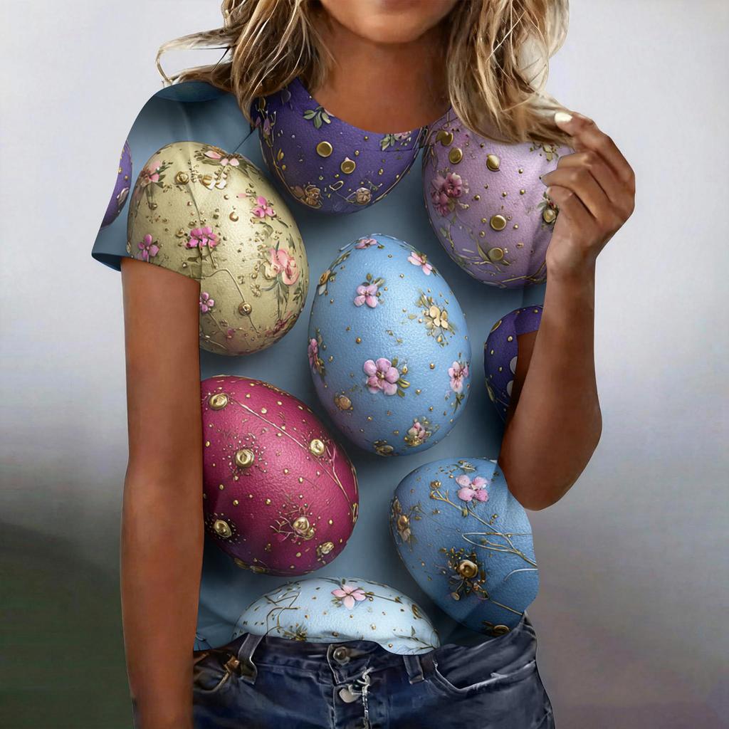 Women's Fashionable Casual Short-Sleeved Raglan Sleeve Easter Print T-Shirt Top