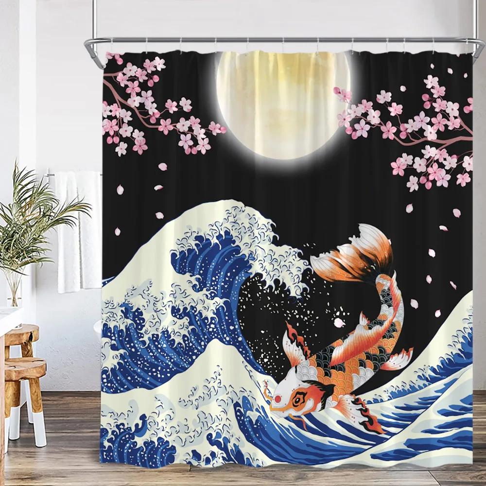 Japanese Style Shower Curtains Toad Master Frog Sea Waves Koi Cherry Blossom Bathroom Decorations Vintage Japan Bath Curtain