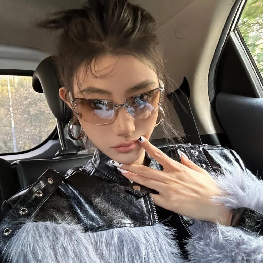 Frameless diamond sunglasses female Spice Girl concave shape ins Internet celebrity sunglasses UV protection large frame thin