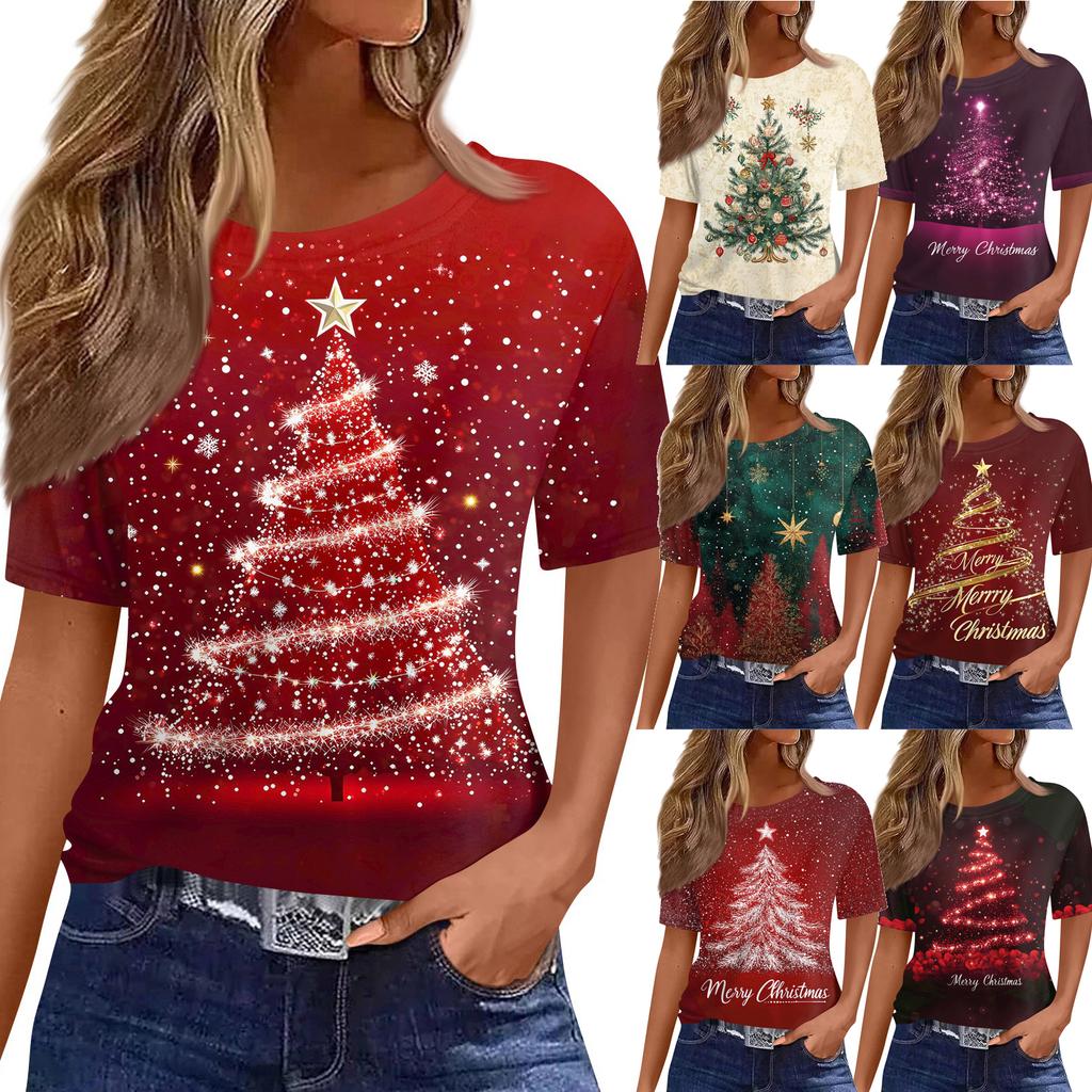 Women's Fashionable Casual Short Sleeve Christmas Print Round Neck Pullover Top