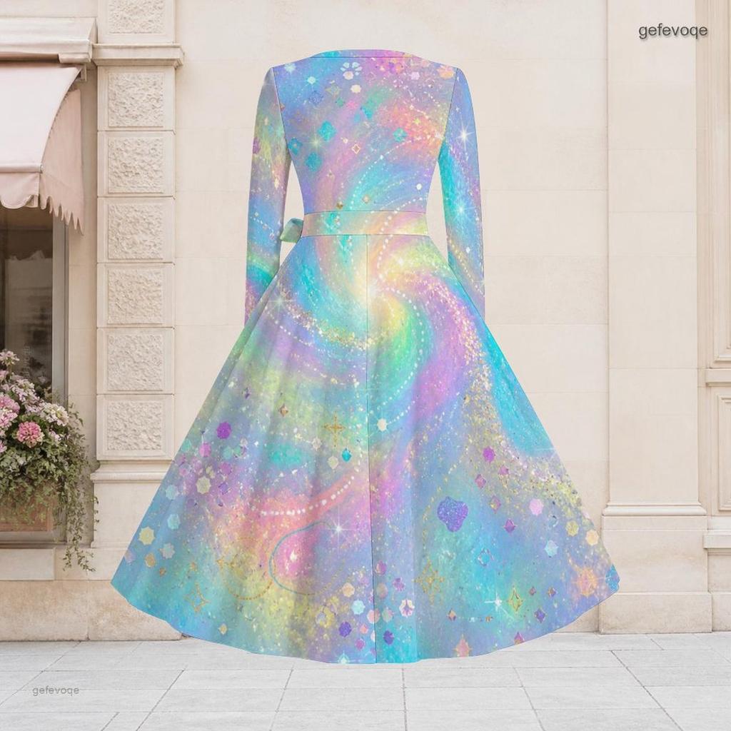 Women Plus Size V Neck Long Sleeve Printed Pastel Galaxy Tie Waist A Line Flared Dress