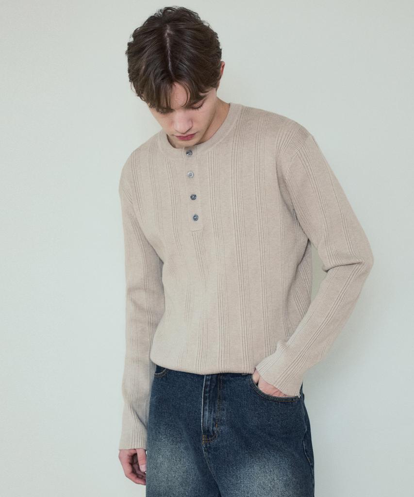 Wednesday Oasis Always Ribbed Henley Neck Washable Knit_Beige(Wc25_Kn04)