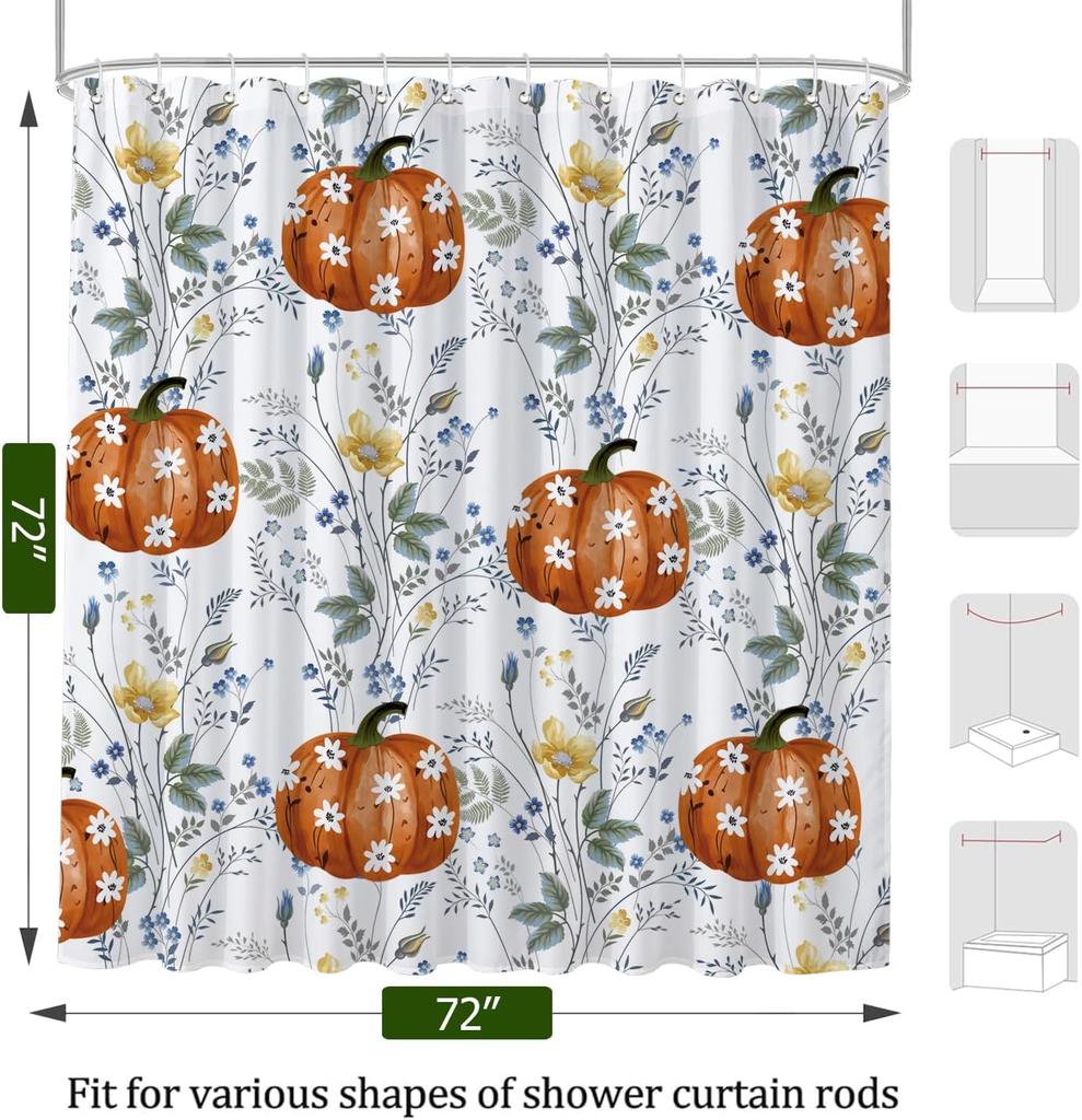 Fall Pumpkin Blue Floral Shower Curtain with Thanksgiving Harvest Pattern, Waterproof Heavy Duty Washable Bathroom Decor