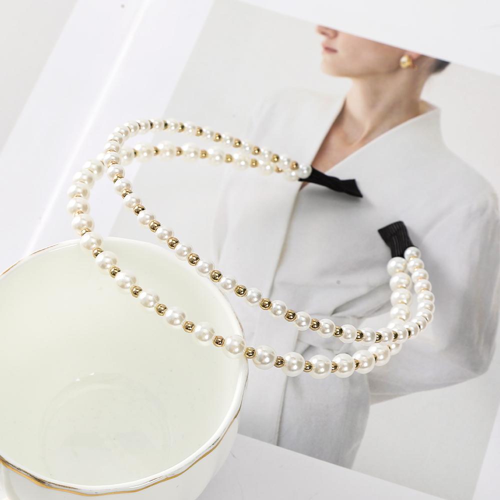 AWAYTR Fashion Double Layered Design Elegant Pearl Hairband for Women Girls Korea Sweet Crystal Headband Hair Accessories