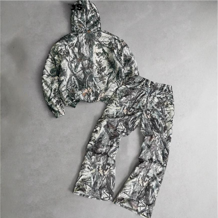 American high street jungle camouflage hooded sweater with straight pants, retro loose casual two-piece set