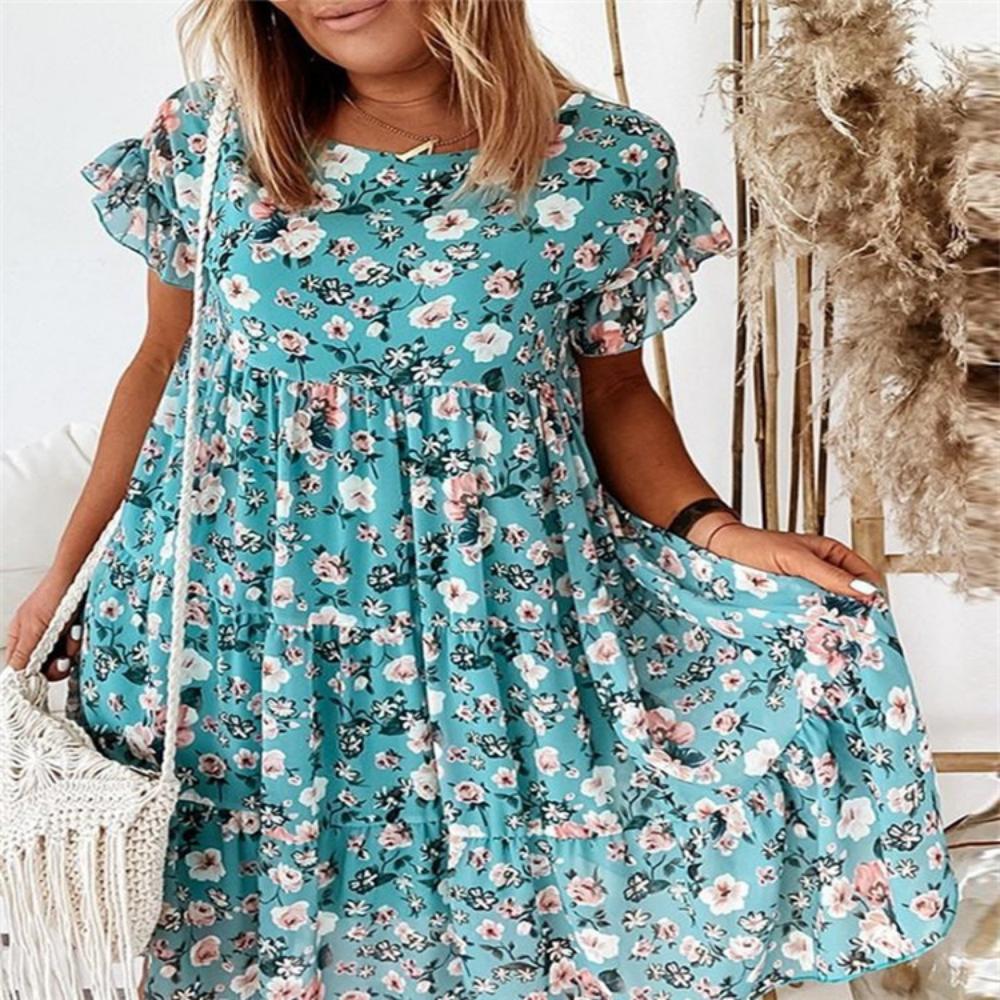 2025 Spring Summer Round Neck Flower Printed Short Sleeve Loose Dress Fashionable and Versatile Trend
