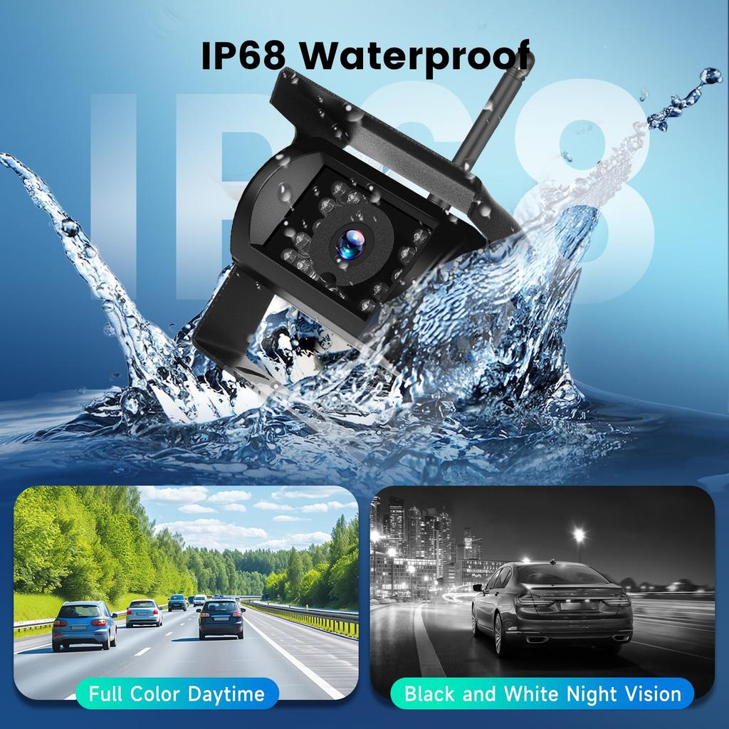 Hodozzy Wireless Backup Camera System HD Rear View Monitor with Blind Spot Super Night 1080P IP68 Waterproof Wireless Rear View Camera Wireless for