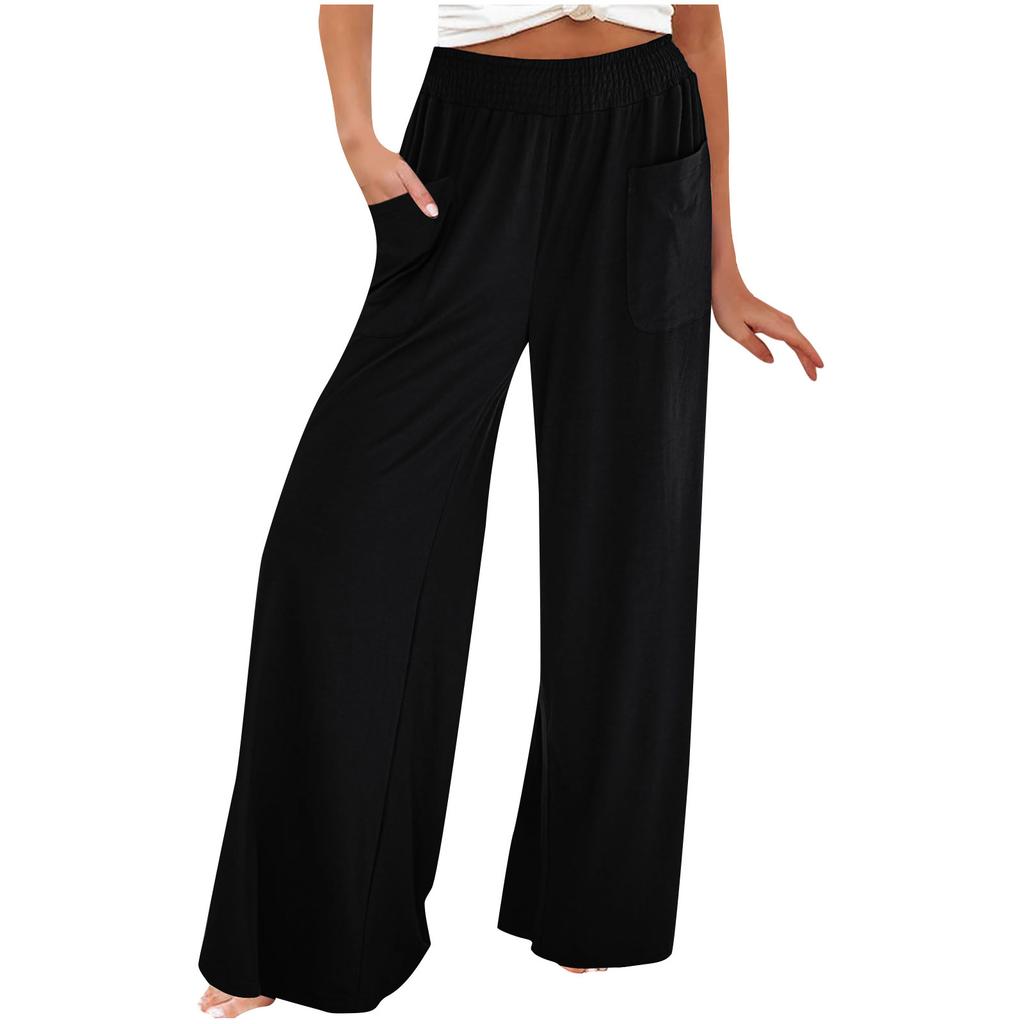 Women's Fashion Color Elastic Waist High Waist Micro-pants Loose Casual Pants With Pockets