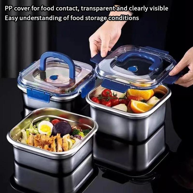 Large Capacity Stainless Steel Crisper With Handle Airtight Lid Leak-Proof Lunch Box Rectangular Fresh-Keeping Box Refrigerator
