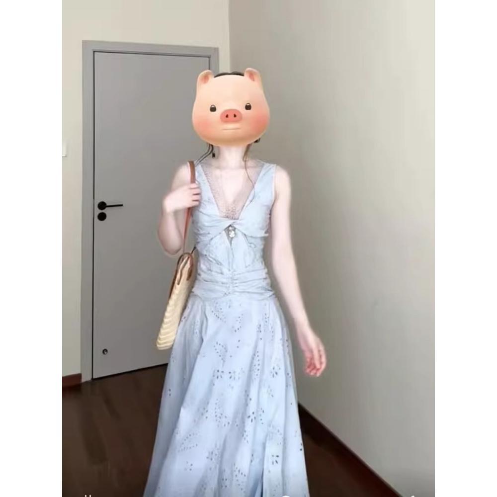 

Ретро нежное платье с кружевной вставкой и V-образным вырезом, повседневное, с темпераментом, элегантное, летнее платье для отпуска на море XL- (recommended 110-60kg)