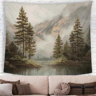 Forest Mountain Lake Wall Tapestry Hanging for Bedroom, Misty Pine Trees Woods Banner Tapestries, Rustic Nature Landscape Wall