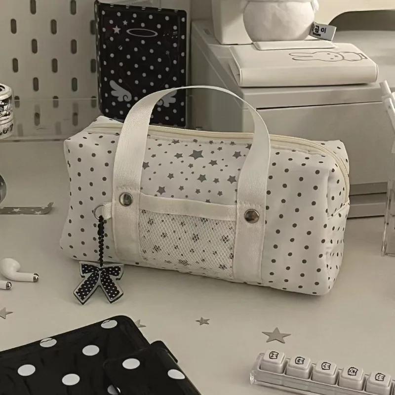 White Blue Color Star Polka Dot Tote Pencil Case Instagram Aesthetic Cute Pen Bag for Kids Large Capacity Stationery Organizer