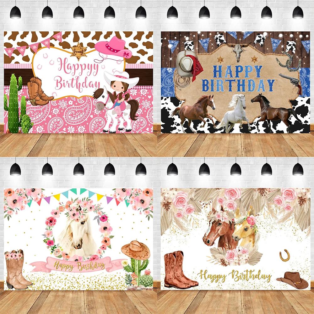 Western Farmpferd Geburtstag Hintergrund Aquarellblumen Cowboy Thema für Mädchen Babyparty Porträtfotografie Wandteppich