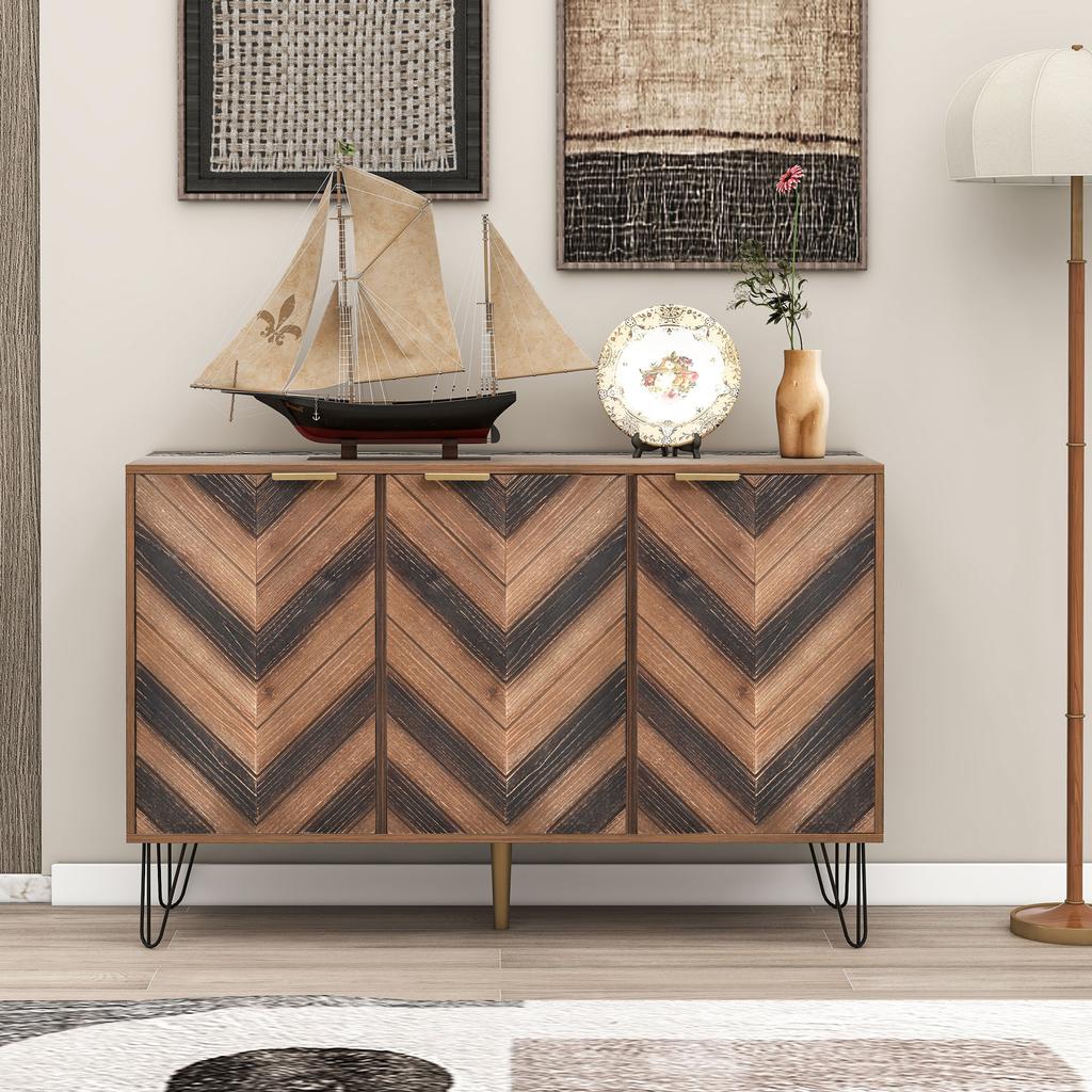 Exclusive sideboard with three doors, with stylish details and generous storage space. Door made of solid wood veneer, concave and convex texture.