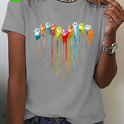 Women's Casual Short Sleeve Colorful Paw Print Heart Design with Multicolor Dripping Paint Art Fashion Artistic T-Shirt
