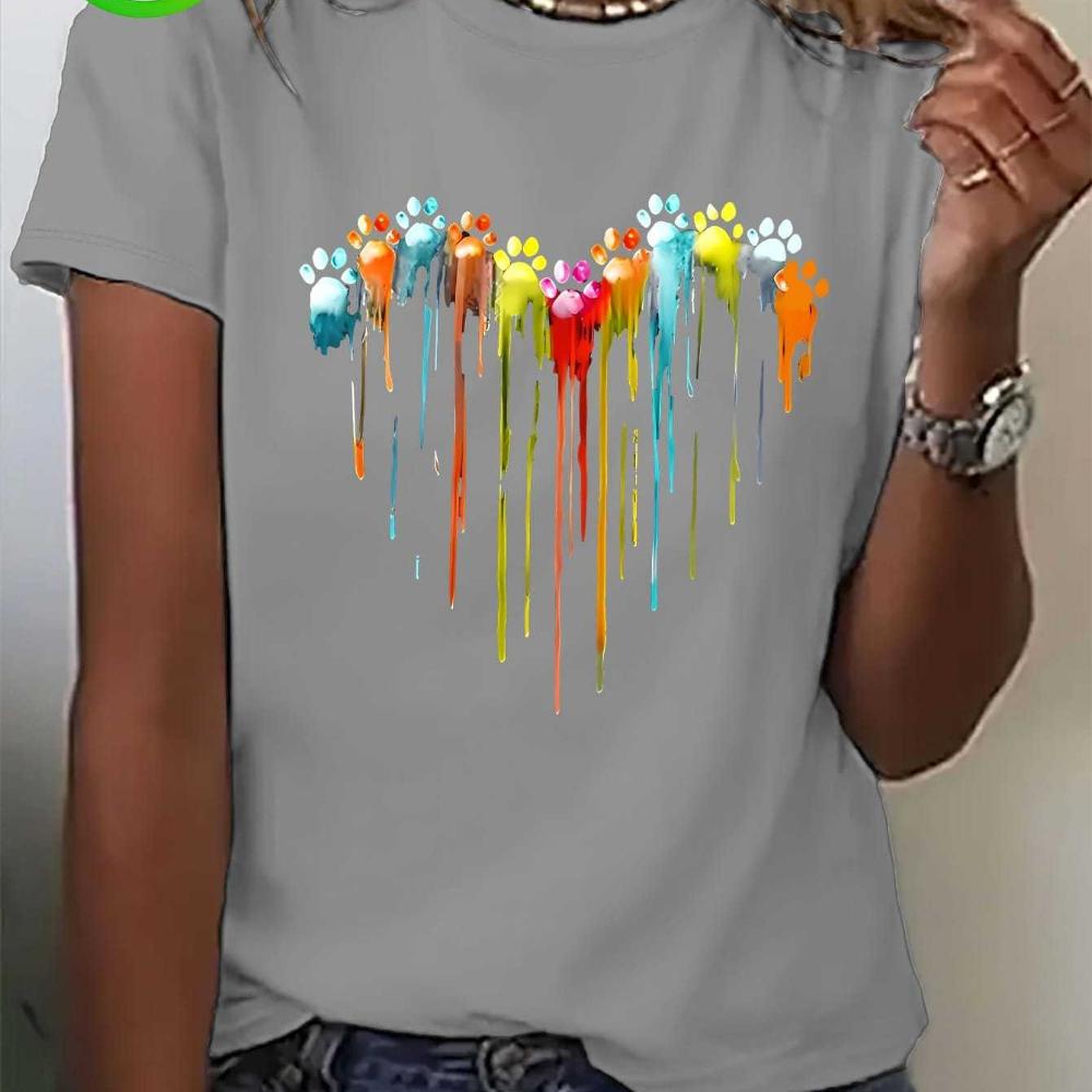 Women's Casual Short Sleeve T-Shirt Colorful Paw Print Heart Design with Multicolor Dripping Paint Art Fashion Artistic Tee
