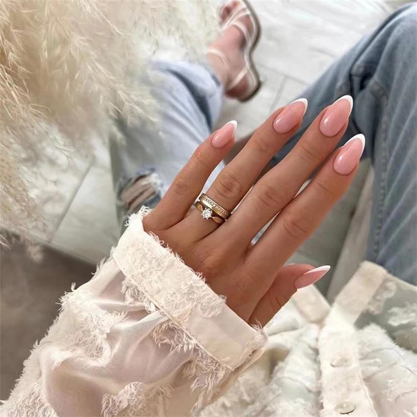 24Pcs Almond Long French Fake Nails Pointed Glossy White Edge Artificial Acrylic Press On Nails Removable Nail Art Tips