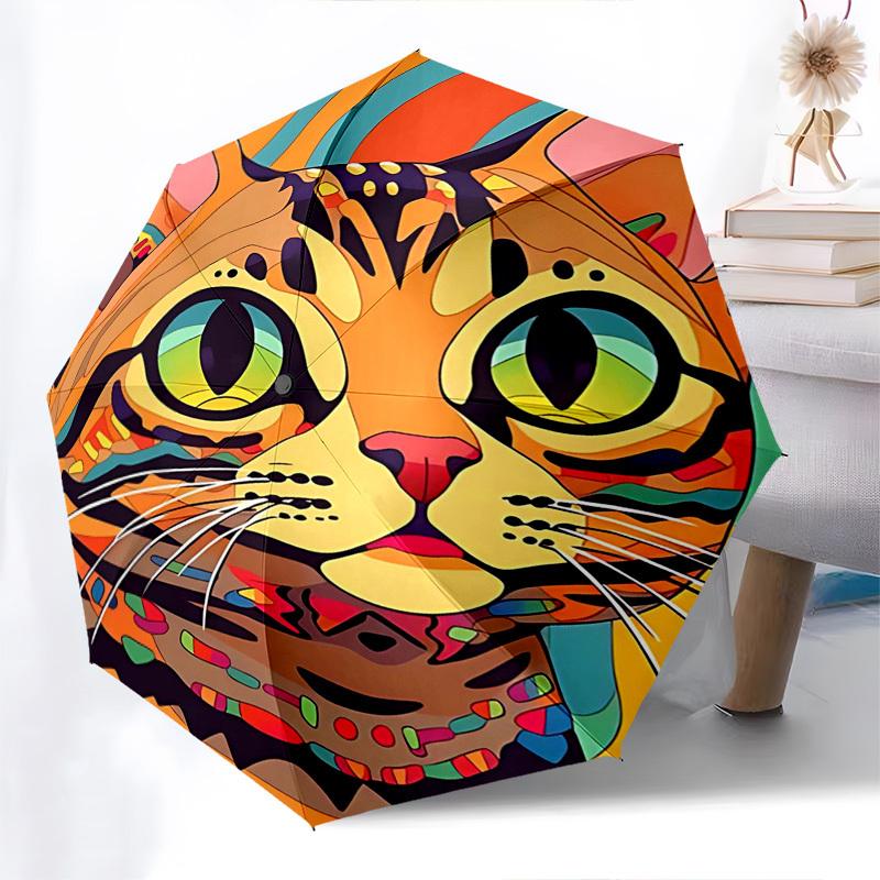 

1pc Colorful Cat Print Automatic Folding Umbrella, Portable 3-Fold Design with 8-Bone Iron Frame, Perfect for Outdoor Use, Festive Gifts, Fans, Travel