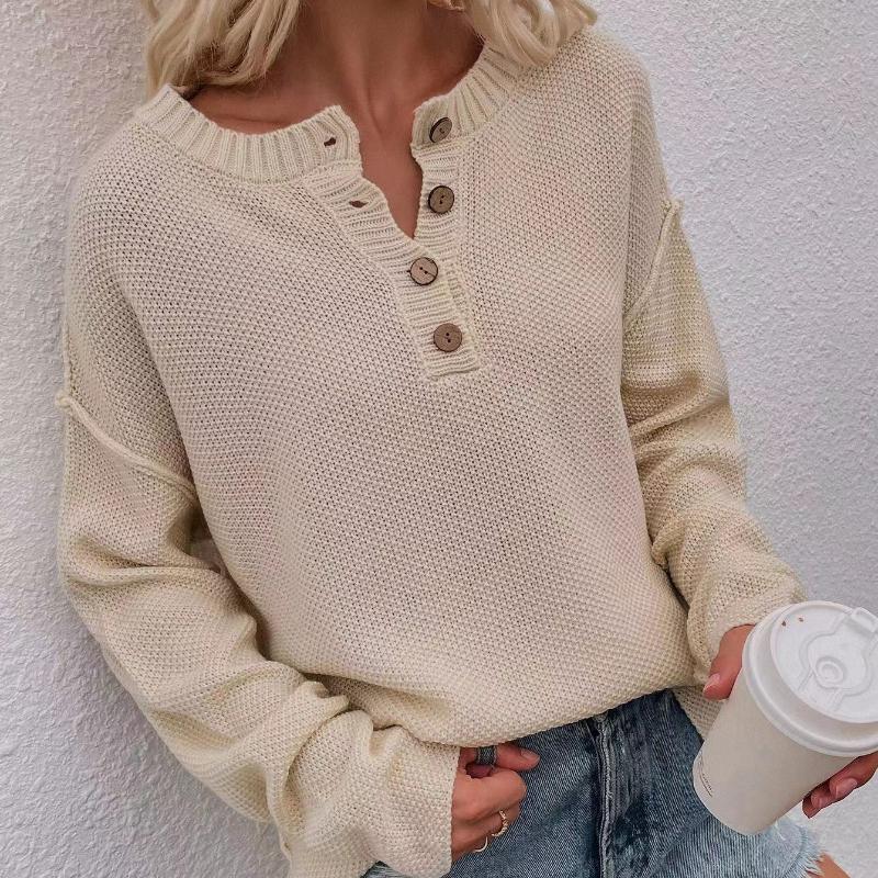 IHUASU Women's Autumn and Winter Solid Colour Pullover Large Size V-Neck Knit Sweater Street Hipster Sweater