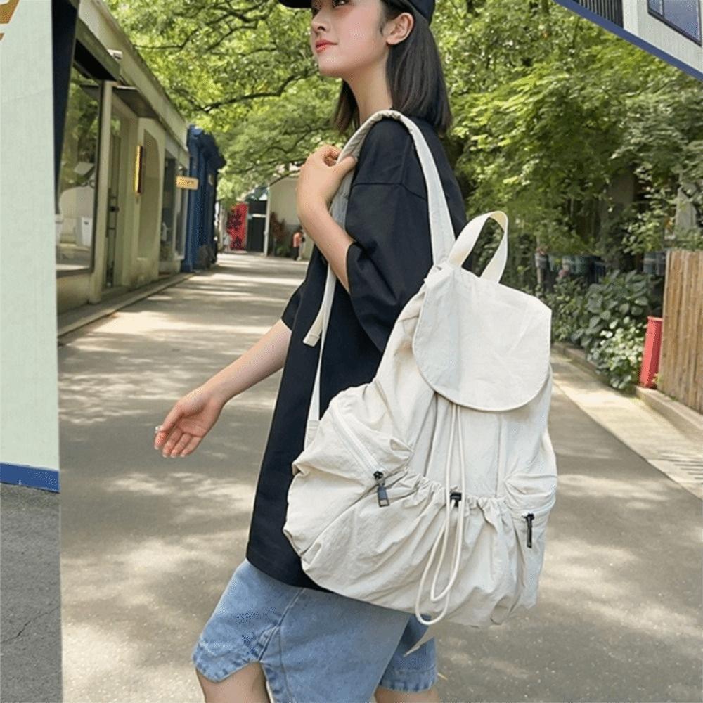 Casual Canvas Shoulder Bag Lightweight College Student Schoolbag Nylon Drawstring Backpack Daily
