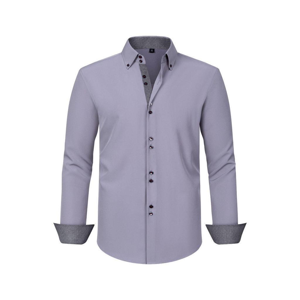 Cross-Border Men's Double-Breasted Polka Dot Color Block Stretch Shirt