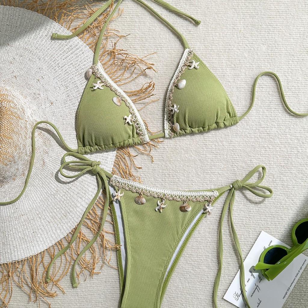 2024 Sexy Trekantkopp Bikini: Skjell Snøring Halter Badedrakt for Kvinner