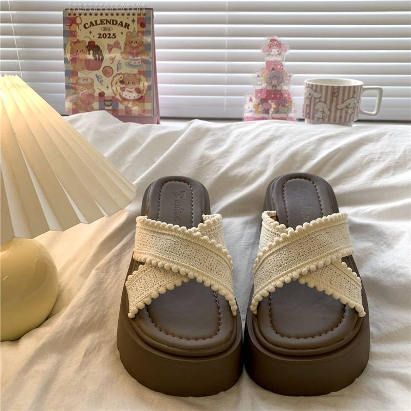 

Muffin platform cross with cool slippers women s summer wear casual design Bohemian beach sandals 35 бежевий