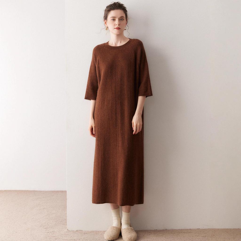 Korean Style Short Sleeve Cashmere Knit Dress for Women - Slimming Long Pullover with Round Neck, Autumn/Winter