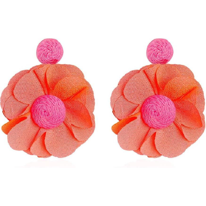 Rattan Earrings Summer Boho Handwoven Big Fabric Chiffon Rattan Flower Drop Earrings Statement Tropical Beach Vacation Jewelry