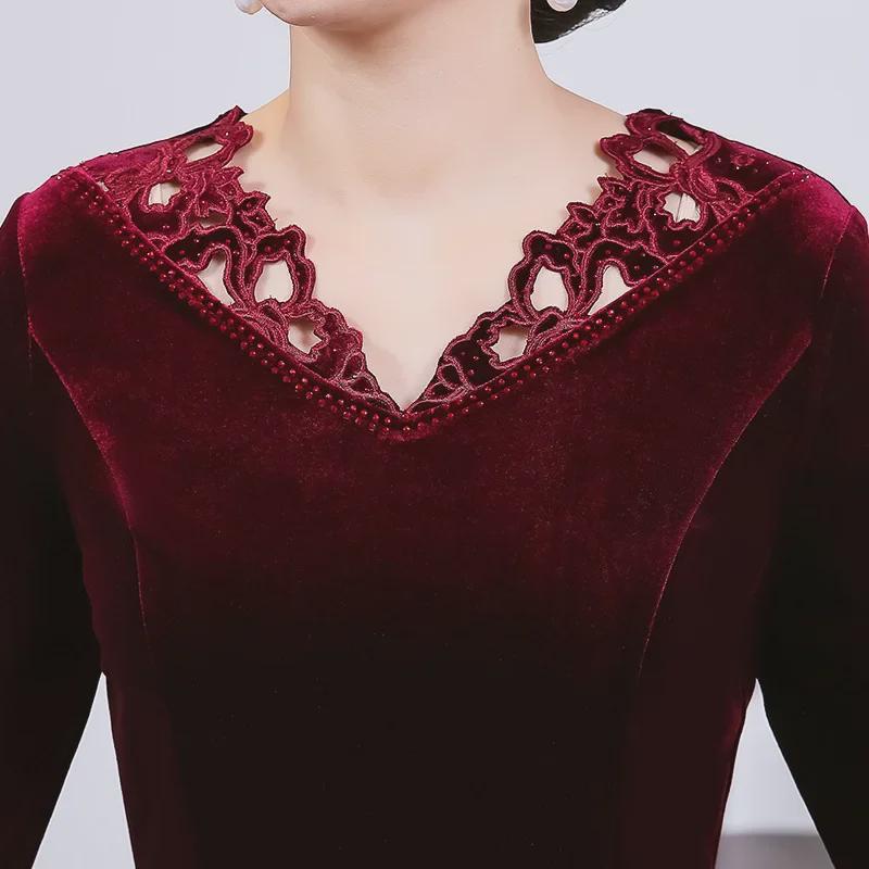 Plus Size European & American Celebrity Velvet Dress with Embroidery and Hollow Design